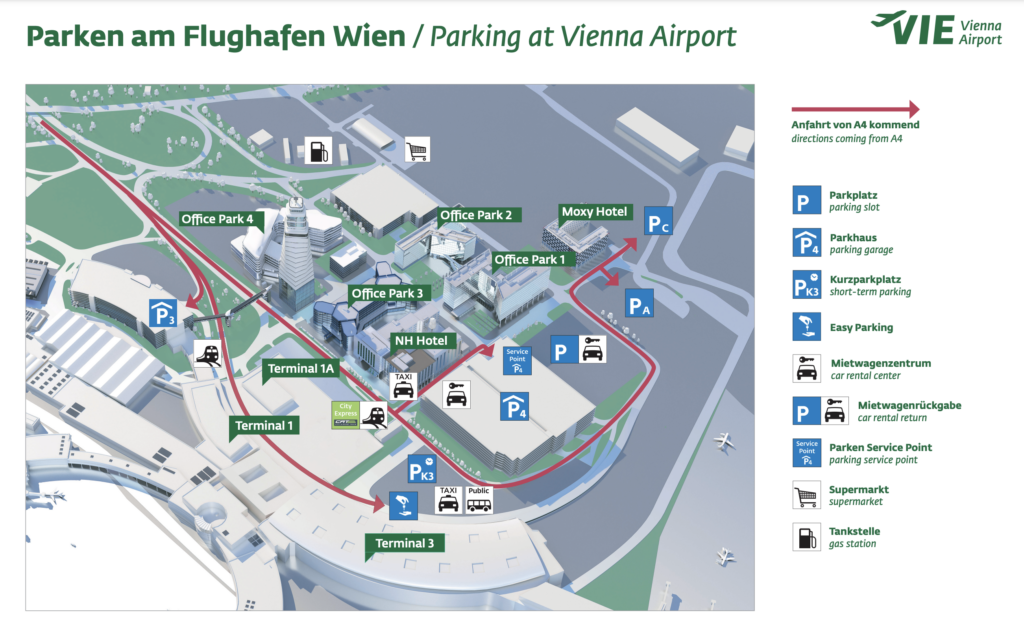 Parkoviště na letišti Vídeň Schwechat mapa